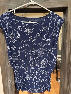 INC International Concepts Indigo and White Floral Cap-Sleeve Blouse